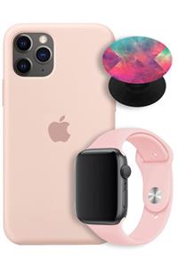 Apple Watch 1 40 Mm Silikon Kordon + Iphone 11 Pro Max Uyumlu  Lansman Logolu Pembe Kılıf + Popsocket