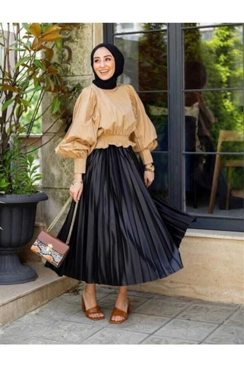 modayseli Kadın Siyah Deri Görünümlü Pileli İçi Astarlı Etek