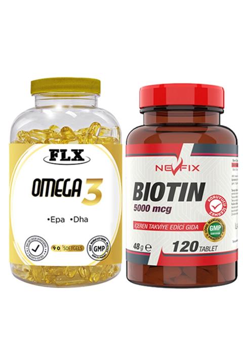 FLX Omega 3 Balık Yağı 90 Softgel & Nevfix Biotin 5000 Mcg 120 Tablet