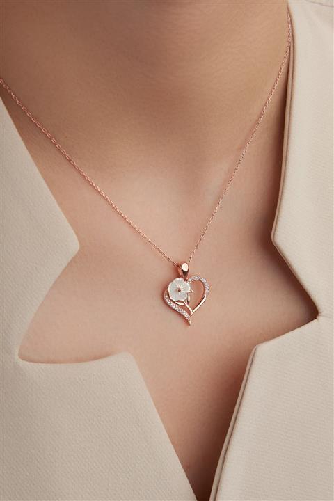 Selin Silver Kadın Pembe Kalp Kolye Çiçekli