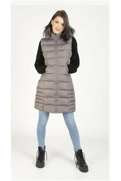 hanımefendi Kapüşonu Kürklü Cepli Şişme Yelek