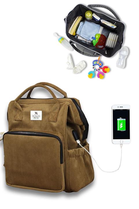 My Valice Smart Bag Usb'li Kadife Anne Bebek Bakım ve Sırt Çantası 1402 Taba MV1693