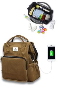 My Valice Smart Bag Usb'li Kadife Anne Bebek Bakım ve Sırt Çantası 1402 Taba MV1693