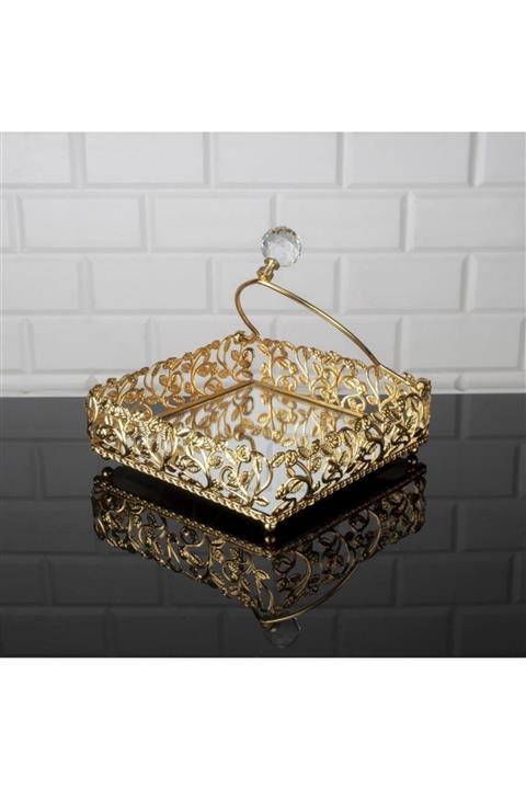 çilekev Altın Kararmaz Aynalı Yaprak Desenli Taşlı Metal Peçetelik 20 cm