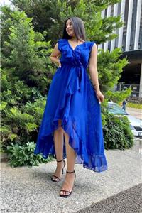 Butik Vintage 07 Fırfırlı Asimetrik Maksi Şifon Elbise Saks Mavisi