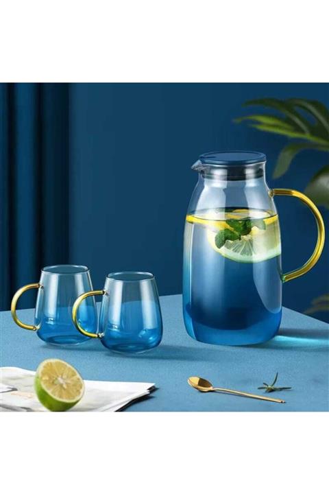 Vadi Blue Life Borosilikat Tombul Cam Sürahi Ve 2 Adet Blue Life Cam Kupa Bardak