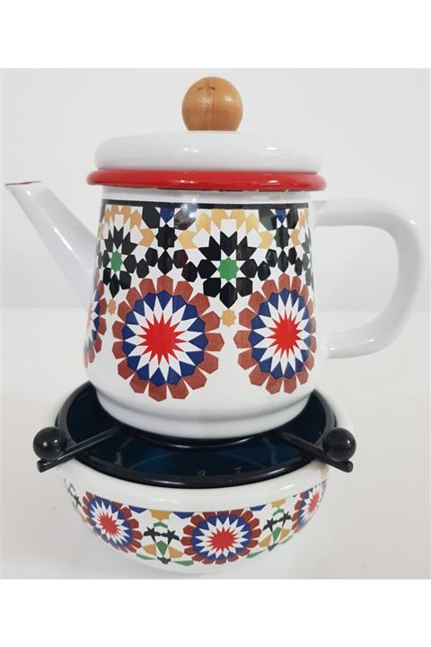 MorzaHibana Emaye Nostalji Demlik Isıtıcılı Set Morocca Desen