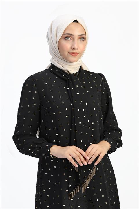 Kemal Aydın Şal Yaka Önü Düğmeli Tesettür Tunik  Siyah