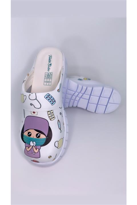 TERLİKSABO Kadın Beyaz Hemşire Doktor Desenli Comfortflex Terlik