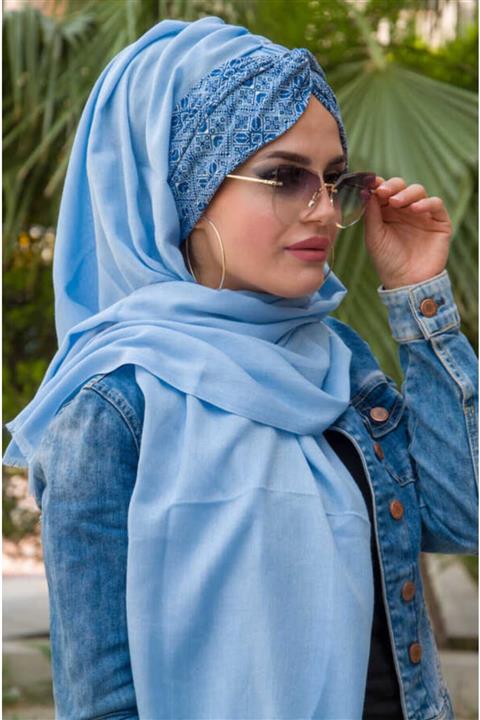 Aişe tesettür Mavi Etnik Burgulu Hazır Şal