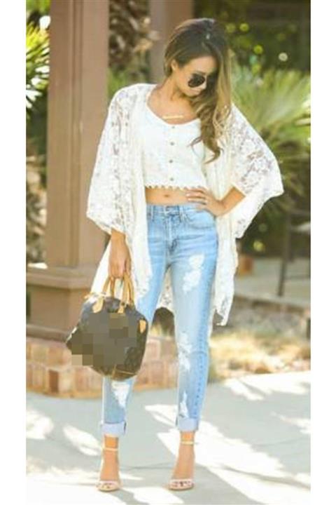 Nishstyle Dantel Kumaş Yarasa Kol Kesim Beyaz Kimono