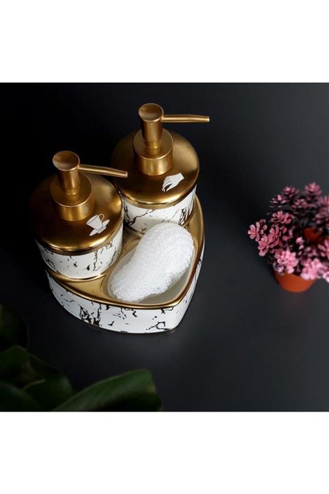 Tabivar Porselen Gold Sıvı Sabunluk Bulaşıklık Mutfak Seti 2n1 Beyaz