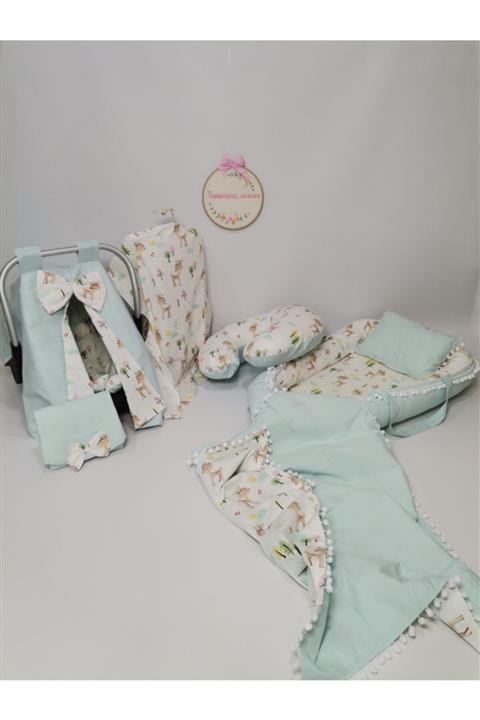 tasarımcı anne Babynest 7'li Set Açık Yeşil Klasik Pike Karacalı Poplin