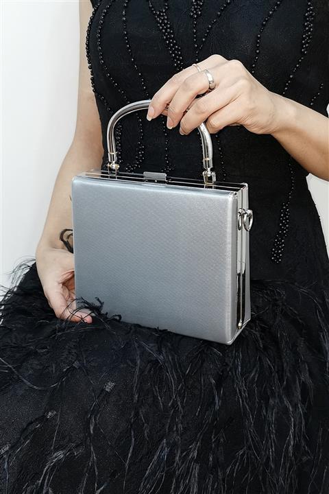 NAZART Kadın Gümüş Kumaş Abiye Clutch Çantası