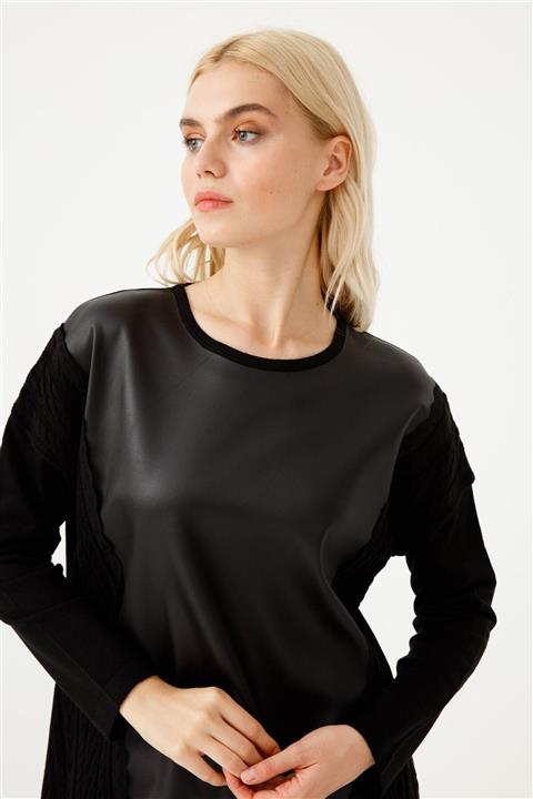 Tığ Triko Deri Kombinli Triko Tunik Siyah