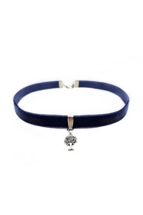 Bijustore Mavi Renk Kadife Hayat Ağacı Choker Kolye
