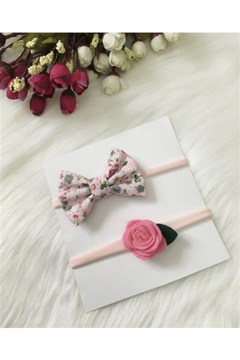 Baby Minnak Kız Bebek Çocuk 2'li Pembe Gül Papatyalı Fiyonk Toka Bandana Seti