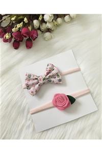Baby Minnak Kız Bebek Çocuk 2'li Pembe Gül Papatyalı Fiyonk Toka Bandana Seti
