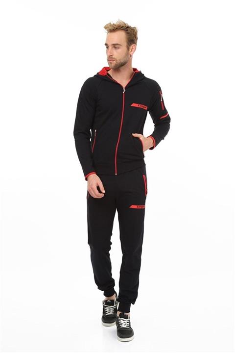 LONGER Erkek Siyah Kırmızı Kapüşonlu Eşofman Takımı
