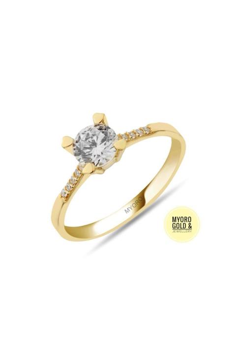 myorogold 14 Ayar Altın Kalp Motifli Tırnaklı Tektaş Yüzük
