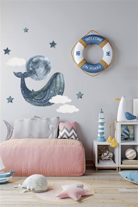 Kt Grup Balina Dolunay Bulutlar Ve Yıldızlar El Çizimi Duvar Sticker
