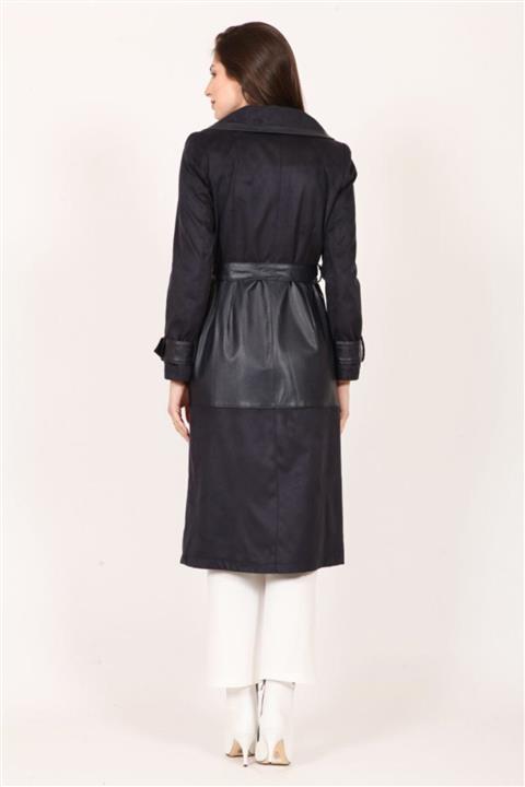 Orhan Deri Süet Kombinasyonlu Kuşaklı Kap - Lacivert