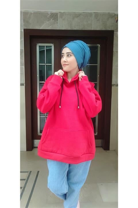 my shadow Kırmızı Kapüşonlu Kangru Cep Oversize Sweatshirt