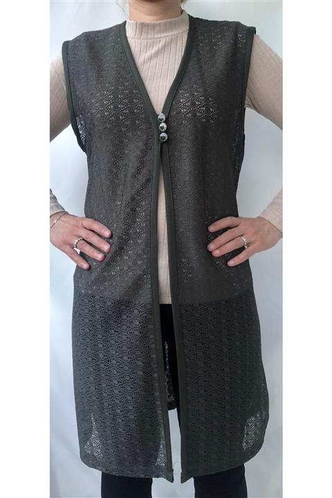 REYYAN Kadın Dantelli Uzun Haki Yelek