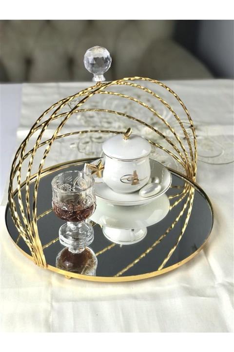 Markimo Home Altın Kafes Tepsi Tek Kişilik Sunumluk Kristal Kesim Kulplu Masaüstü Dekoratif Servis