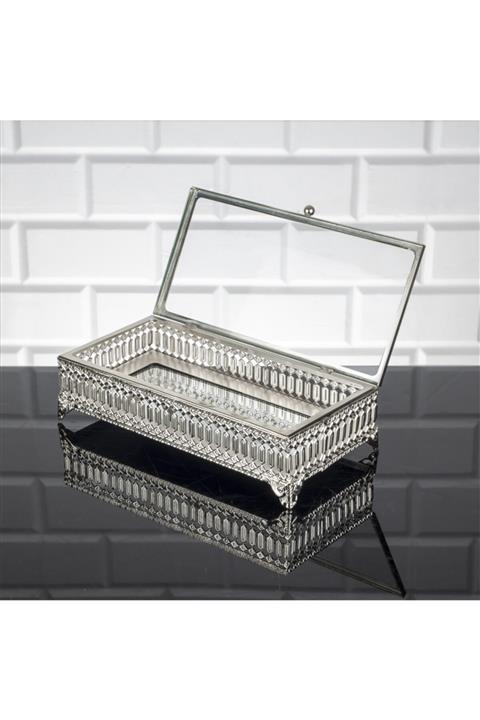 Zeyve Inci Dikdörtgen Sunumluk Cam Kapaklı Çikolata Ve Takı Kutusu Küçük Aynalı Sandık Gümüş