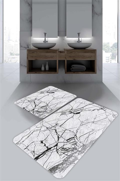 Evsebu Beyaz Siyah Çizgi Banyo Paspası