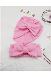 damlakids Kız Bebek Şeker Pembe Fiyonklu Bone ve Bandana
