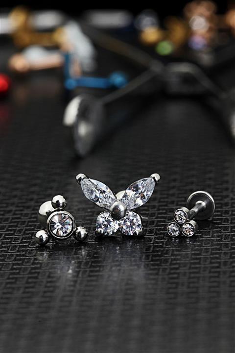 depozoom Zirkon Taşlı Cerrahi Çelik Kıkırdak Ve Tragus Set Piercing