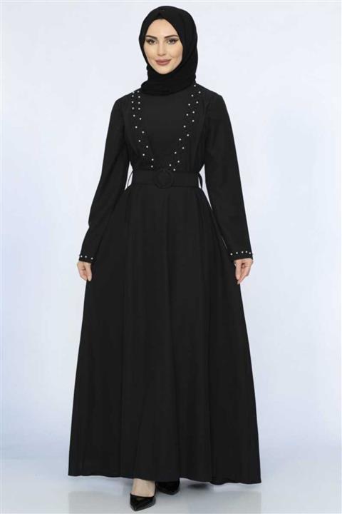 BURCU TESETTÜR Inci Detayli Kalın Kemerli Tesettür Elbise Dnz595