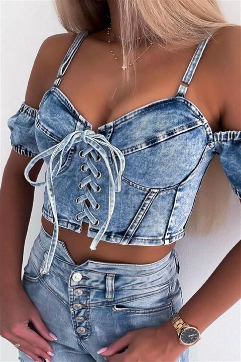 HEPMODA Ayarlı İp Askılı Kol Detaylı Kot Büstiyer