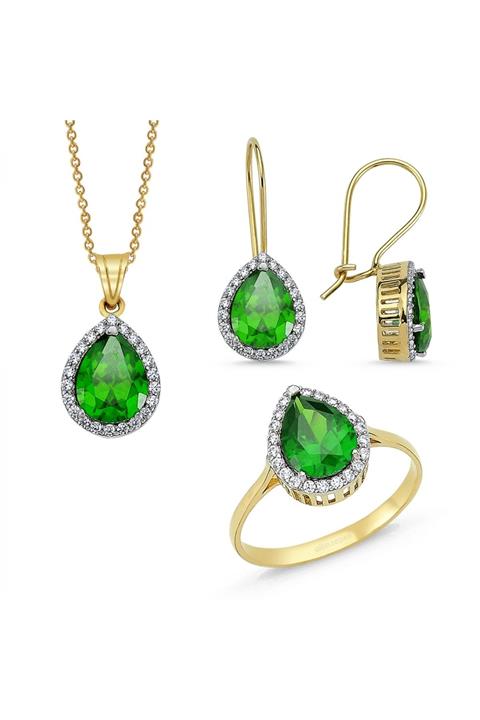 Altın Sepeti Altın Yeşil Damla Taşlı Anturaj Seti