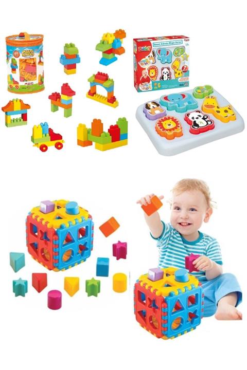 DEDE Sevimli Hayvanlar Bultak + 62 Parça Multi Blok + Bultak Puzzle 3lü Set