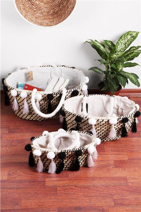 Evistro Dekoratif Kulplu Ponponlu Oval Hasır Sepet Çanta 3lü