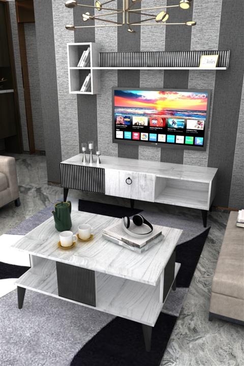 kolex Azra Tv Ünitesi Ve Orta Sehpa Takımı Antik Beyaz Renk, Siyah Ayaklı