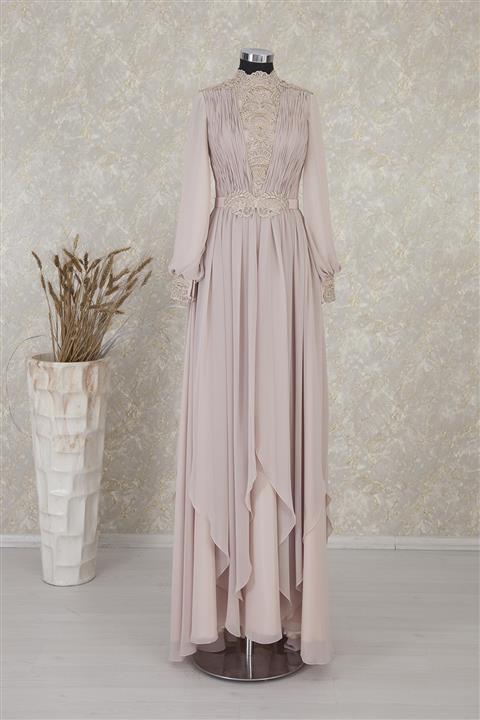 Minelia Kadın Ten Rengi Drape Detaylı Şifon Tesettür Abiye Elbise