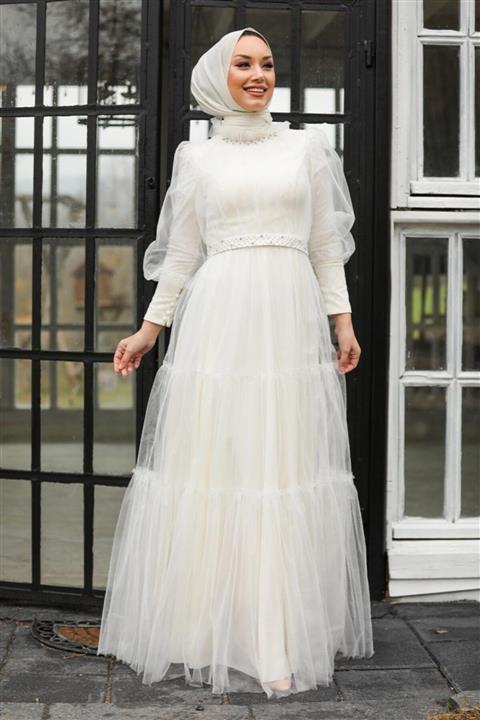 Neva Style Tesettürlü Abiye Elbise - Tüllü Ekru Tesettür Abiye Elbise 21750e