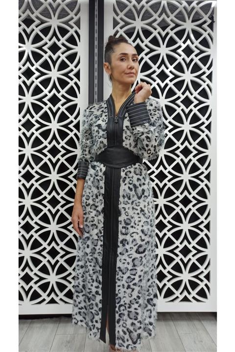orhan giyim Kadın Gri Leopar Desen Püsküllü Pardesü