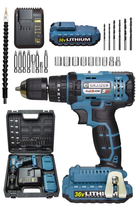 Graizer Alman M-36 V 5 Ah Darbeli Metal Şanzuman Çift Akülü Şarjlı Vidalama Matkap + 24 Parça Set Sta Mavi