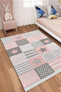 KIVIRCIK HALI Yıkanabilir Pamuk Taban Saçaklı Yıldız Desenli Çocuk Şönil Kilim Halı 80x150 Is-805-a