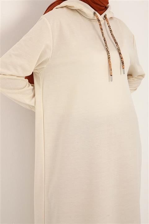 ALLDAY Bej Leopar Bağcıklı Kapüşonlu Rahat Örme Tunik