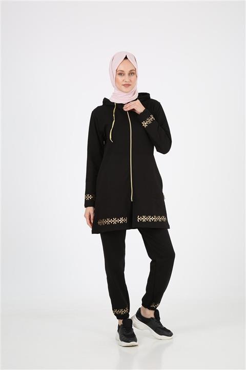 LONGER Kadın Siyah Kapüşonlu Tunik Eşofman Takımı