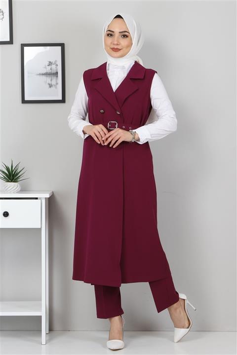 Modamihram Kadın Mürdüm Düğme Detay Takım