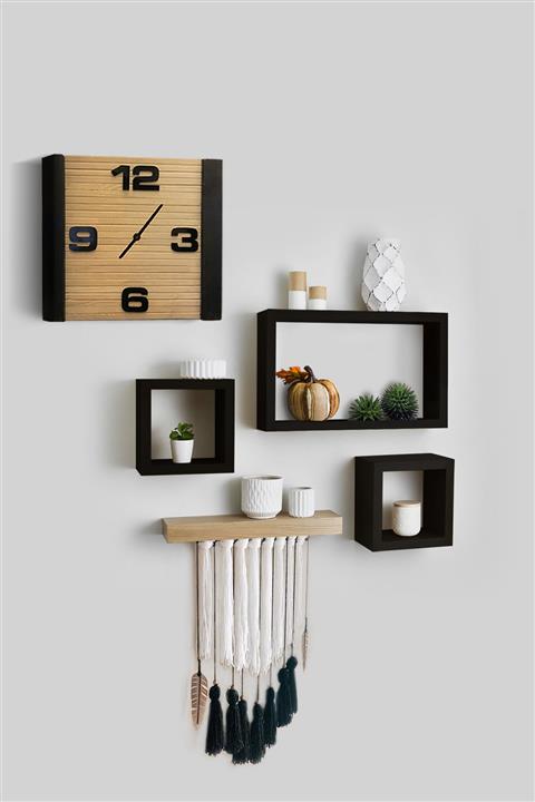 Grootland Ahşap Dikdörtgen 3lü Duvar Rafı Siyah Küçük