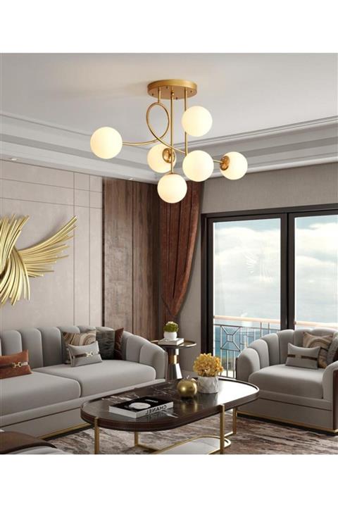 Sinem Avize Vienna Modern Lüks Gold Beyaz Camlı 6'lı Avize