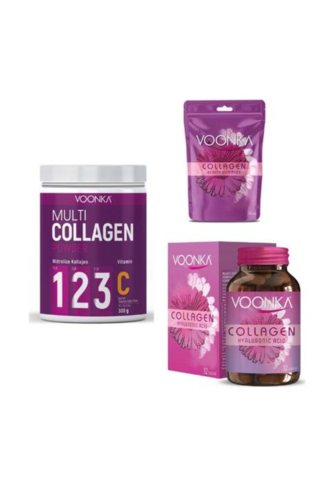 Voonka Kolajen Set- Collagen, Hyaluronic Acid 32 Tablet+multi Collagen Powder 300gr+gummies 30 Tablet